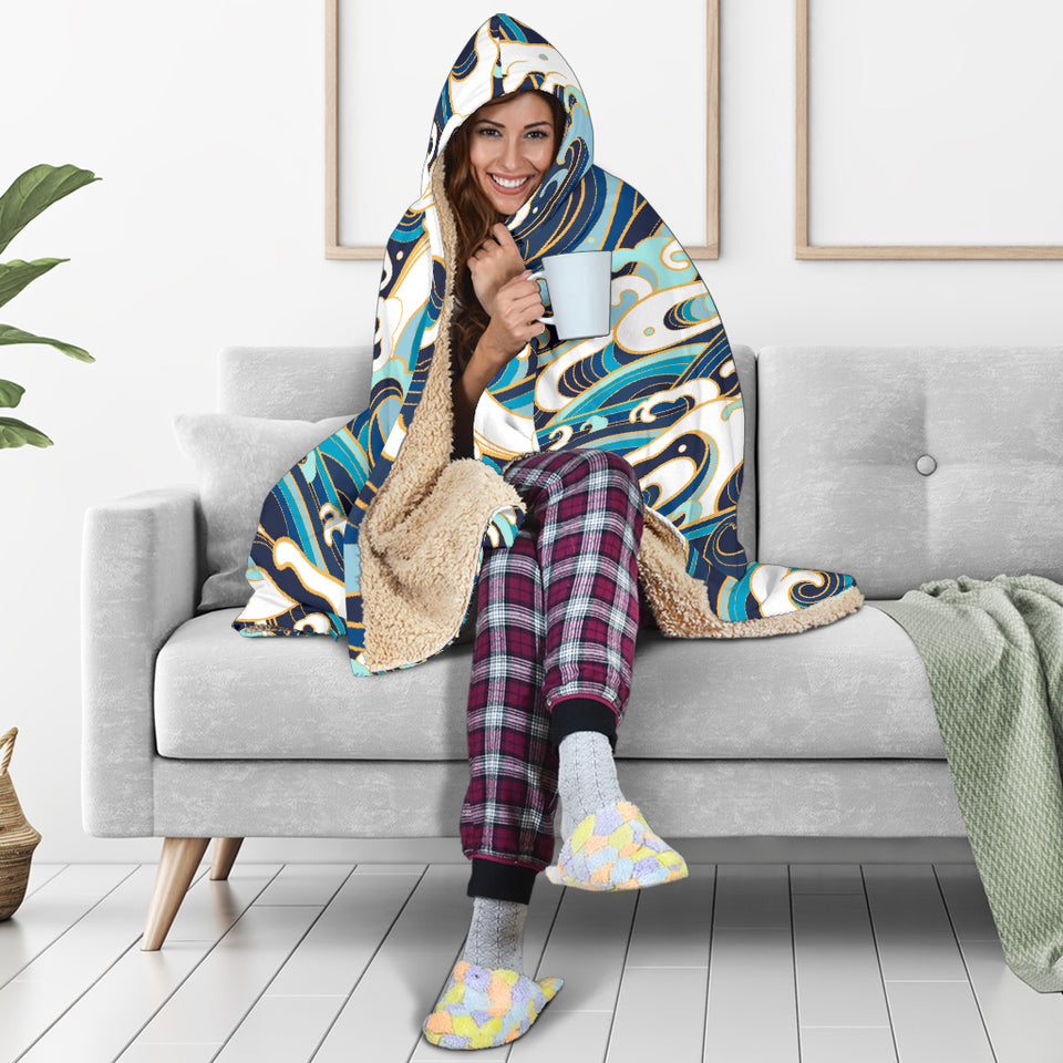 Japanese Wave Pattern Hooded Blanket