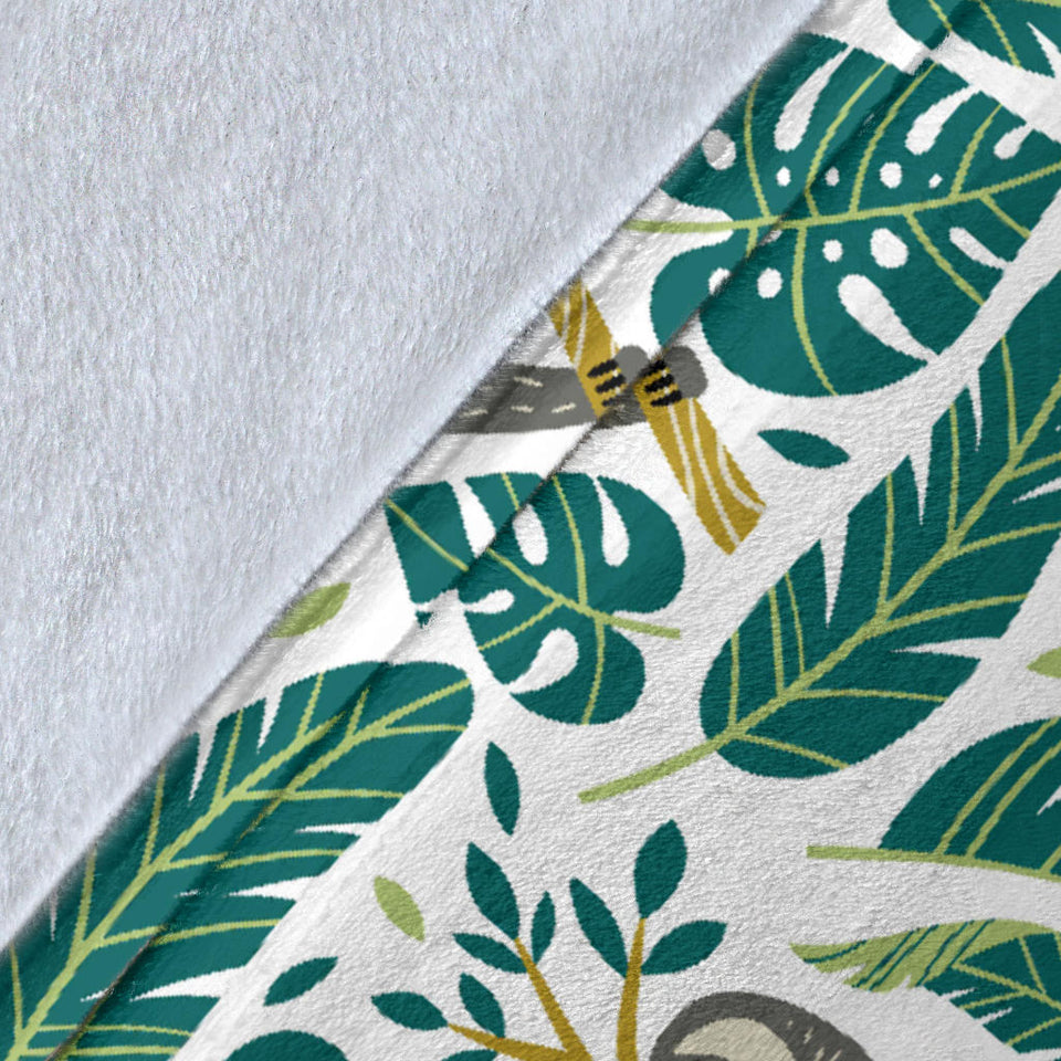 Cute Sloths Tropical Palm Leaves White Background Premium Blanket