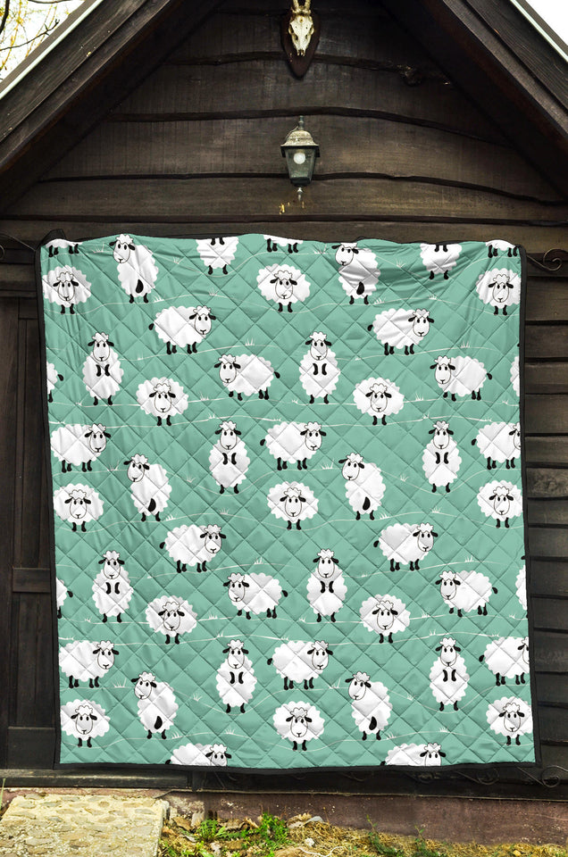 Cute Sheep Green Background Premium Quilt