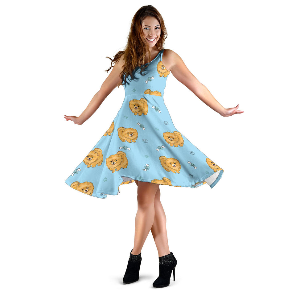 Brown Cute Pomeranian Blue Blackground Sleeveless Midi Dress