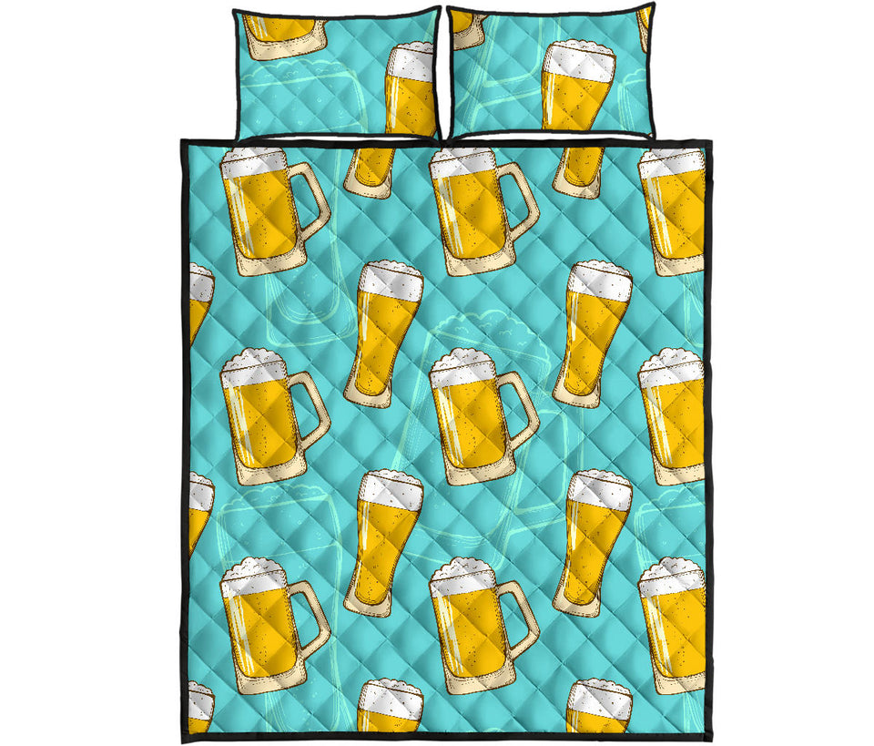 Beer pattern green background Quilt Bed Set