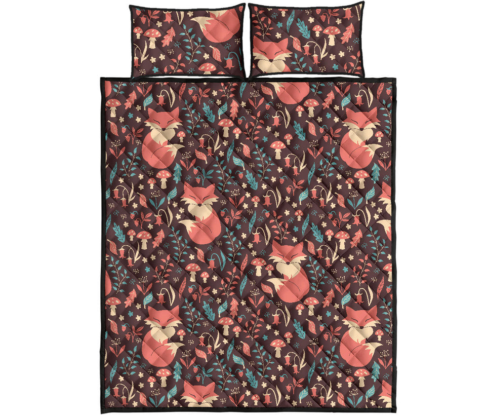 fox leaves mushroom pattern Quilt Bed Set