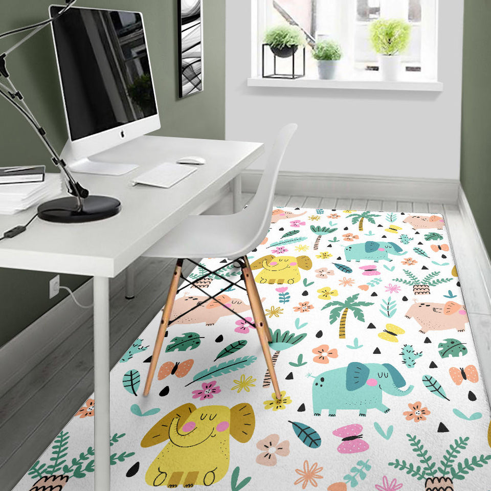 Cute Elephants Palm Tree Flower Butterfly Pattern Area Rug