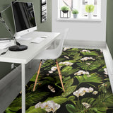 White Orchid Flower Tropical Leaves Pattern Blackground Area Rug