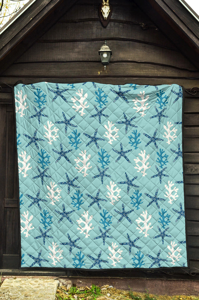 Blue Starfish Coral Reef Pattern Premium Quilt