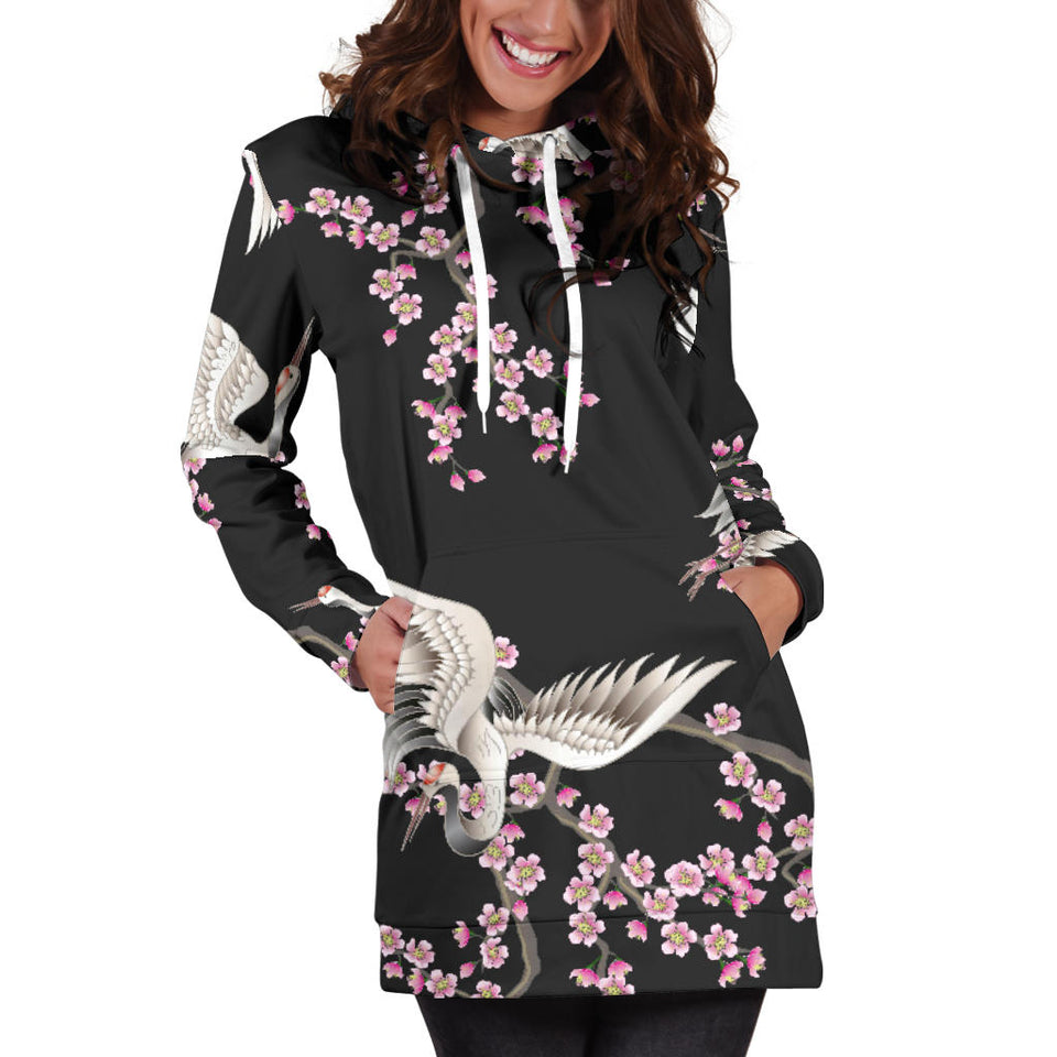Japanese Crane Pink Sakura Pattern Women'S Hoodie Dress