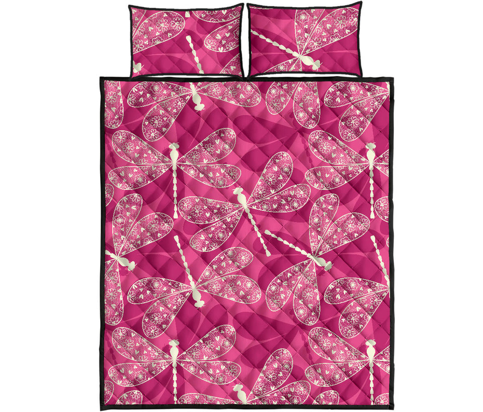 Beautiful dragonfly pink background Quilt Bed Set