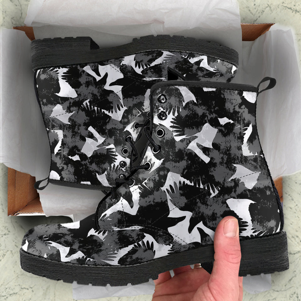 Crow Illustration Pattern Leather Boots