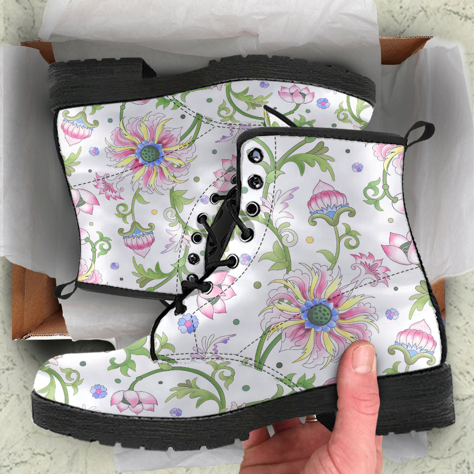 Beautiful Pink Lotus Waterlily Leaves Pattern Leather Boots