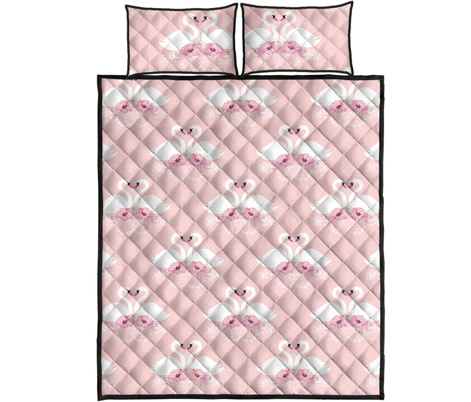 White swan and flower love pattern Quilt Bed Set