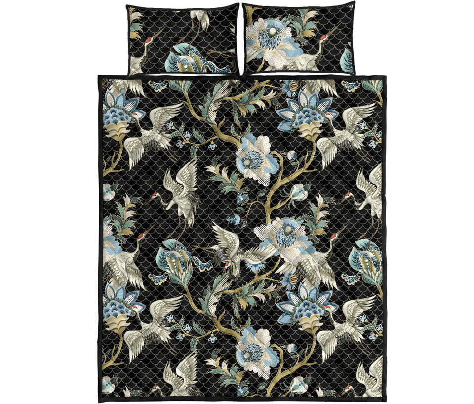 Japanese crane ornament elements Quilt Bed Set