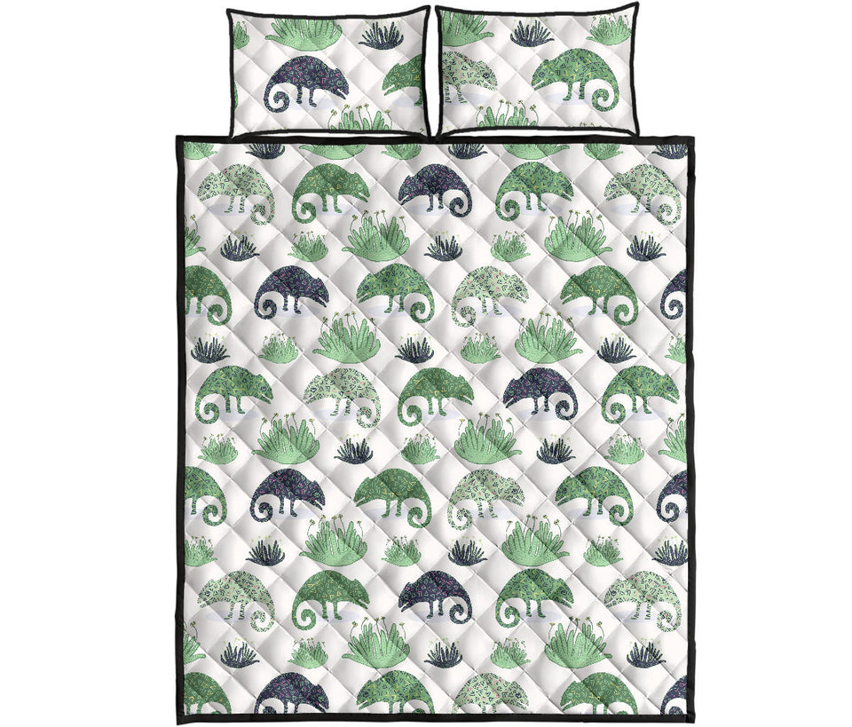 Chameleon lizard succulent plant pattern Quilt Bed Set