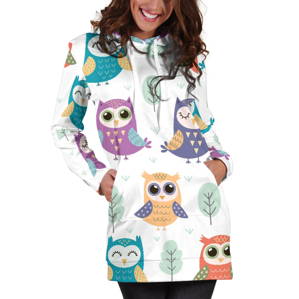 Cute Owl Pattern Women'S Hoodie Dress