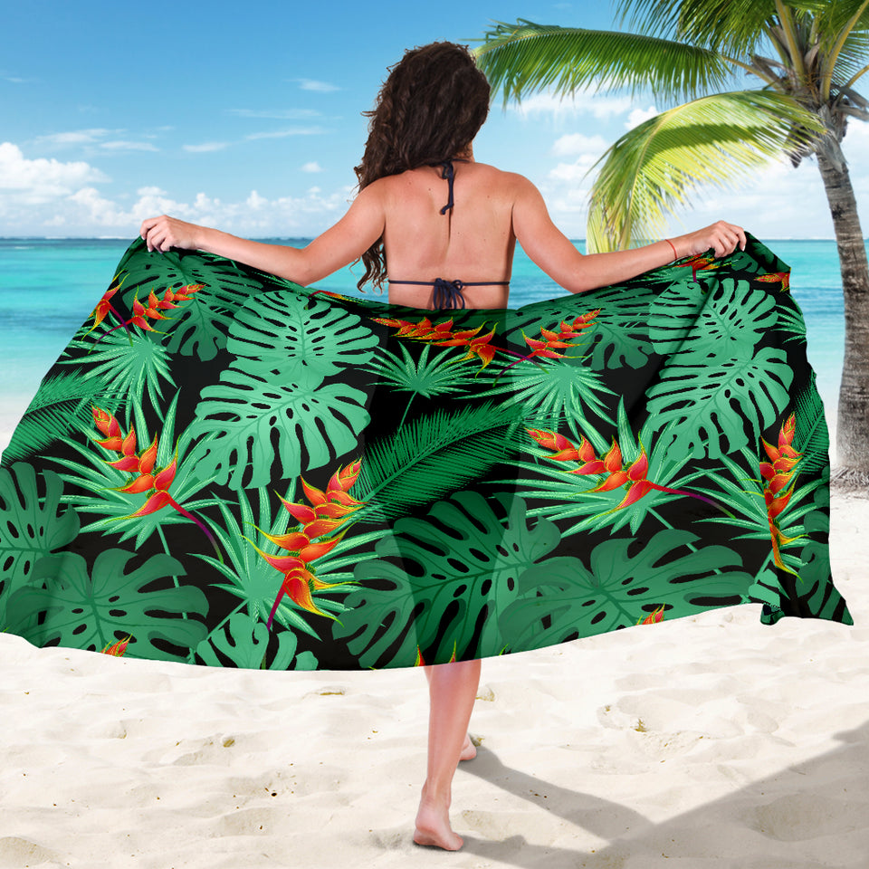 Heliconia Flower Palm Monstera Leaves Black Background Sarong