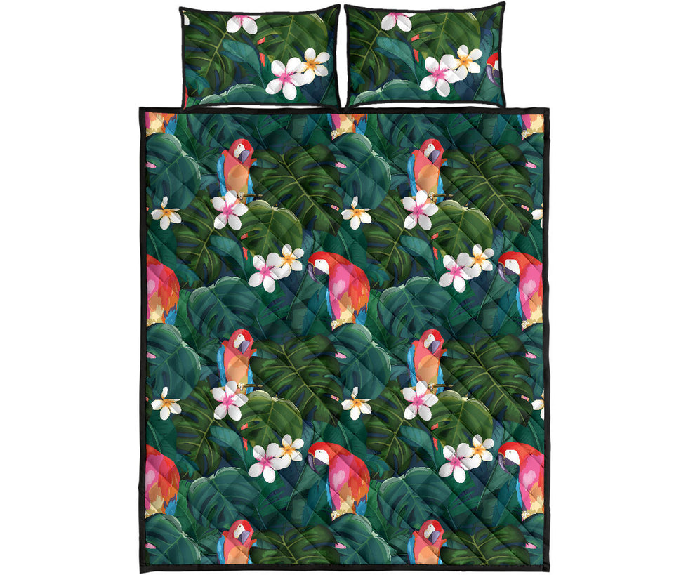 Parrot Palm tree leaves flower hibiscus pattern Quilt Bed Set