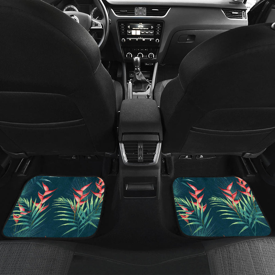 Heliconia Flowers, Palm And Monstera Leaves On Black Background Pattern Front And Back Car Mats