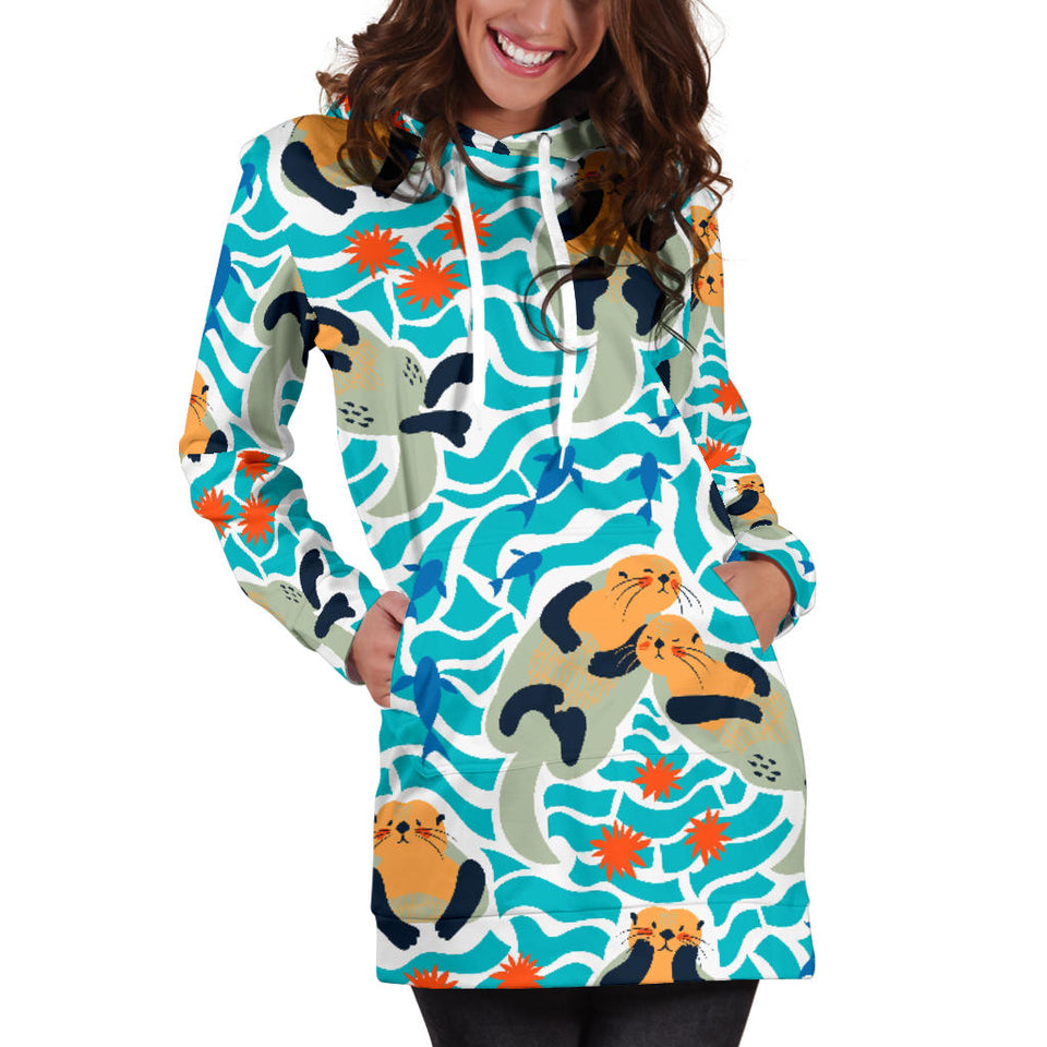 Cute Sea Otters Fishe Sea Urchin Pattern Women'S Hoodie Dress