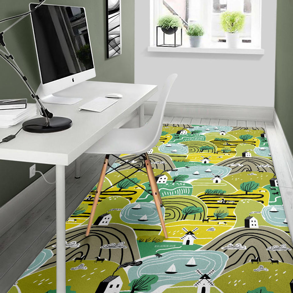 Hand Drawn Windmill Pattern Area Rug