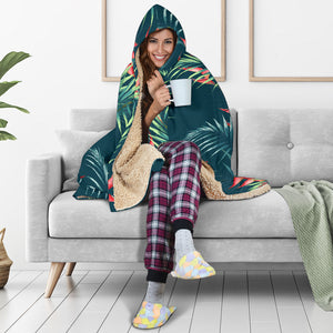 Heliconia Flowers, Palm And Monstera Leaves On Black Background Pattern Hooded Blanket