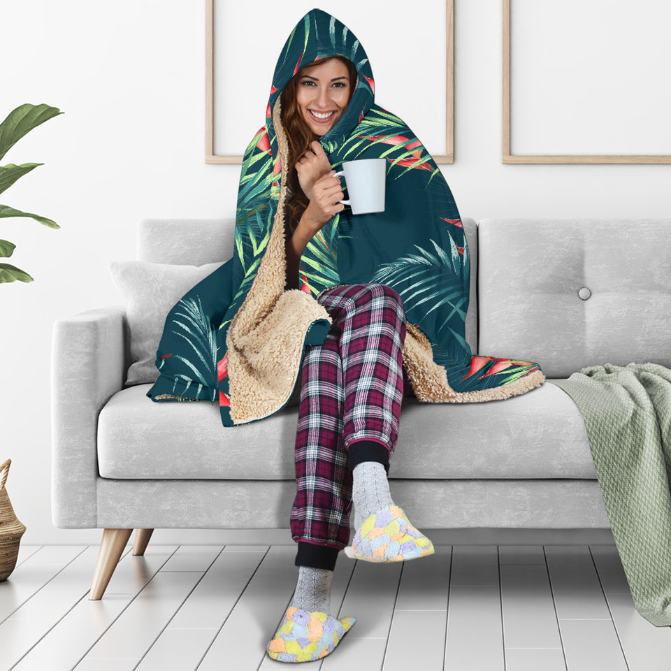 Heliconia Flowers, Palm And Monstera Leaves On Black Background Pattern Hooded Blanket