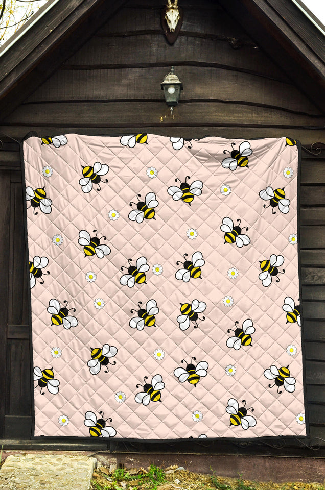 Cute Bee Flower Pattern Pink Background Premium Quilt