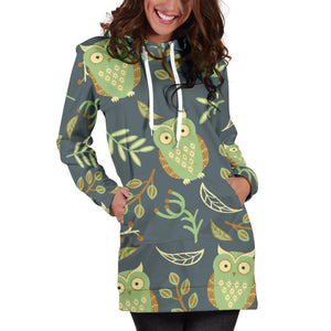 Cute Owls Leaves Pattern Women'S Hoodie Dress