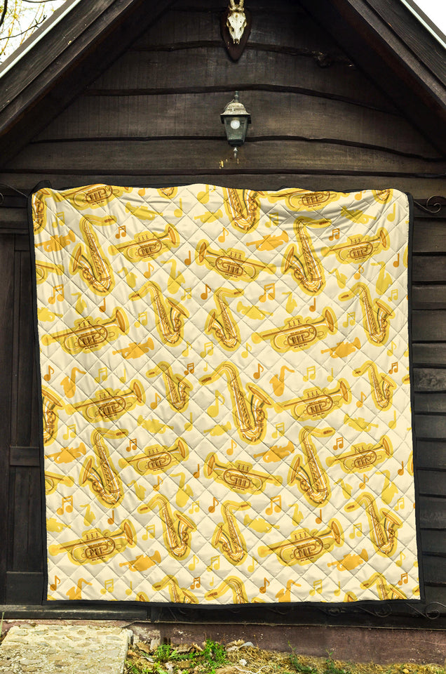 Saxophone Cornet Pattern Yellow Background Premium Quilt