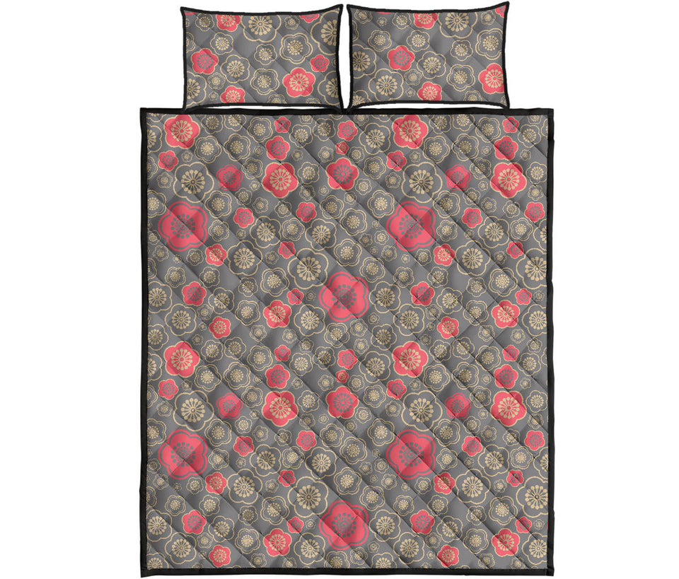 Red gold Sakura cherry blossom gray background Quilt Bed Set