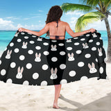 Cute White Rabbit Polka Dots Black Background Sarong