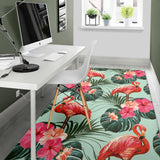 Beautiful Flamingo Tropical Palm Leaves Hibiscus Pateern Background Area Rug