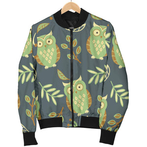Cute Owls Leaves Pattern Women'S Bomber Jacket