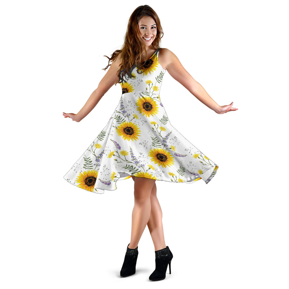 Beautiful Sunflowers Pattern Sleeveless Midi Dress