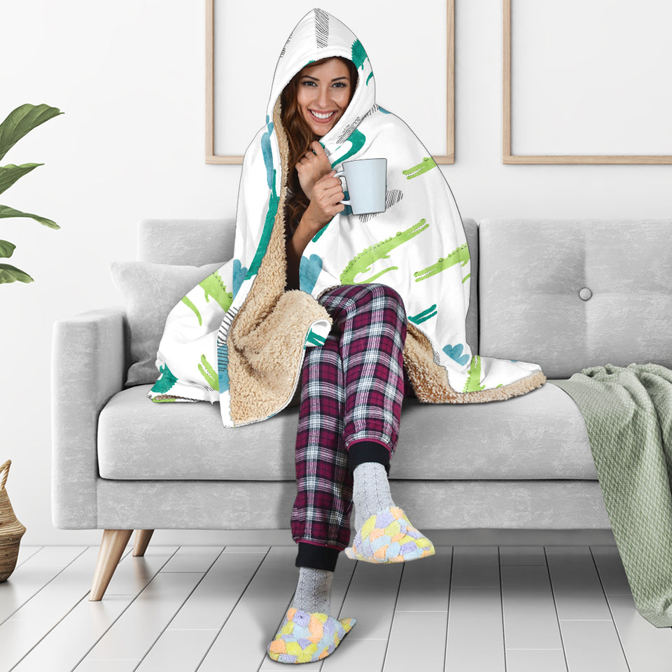 Watercolor Crocodile Pattern Hooded Blanket
