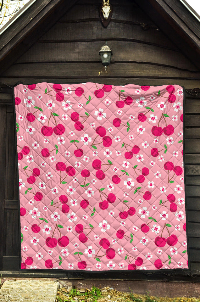 Cherry Flower Pattern Pink Background Premium Quilt