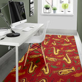 Saxophone Cornet Pattern Red Background Area Rug