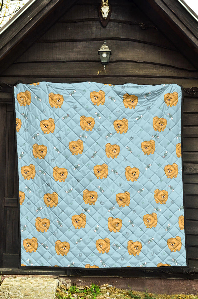 Brown Cute Pomeranian Blue Blackground Premium Quilt