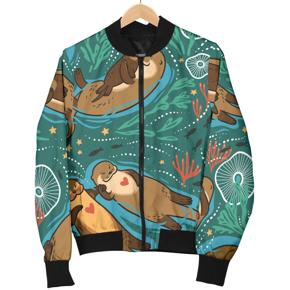 Cute Brown Sea Otters Ornawomen'Stal Seaweed Corals Green Water Women'S Bomber Jacket