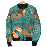 Cute Brown Sea Otters Ornawomen'Stal Seaweed Corals Green Water Women'S Bomber Jacket