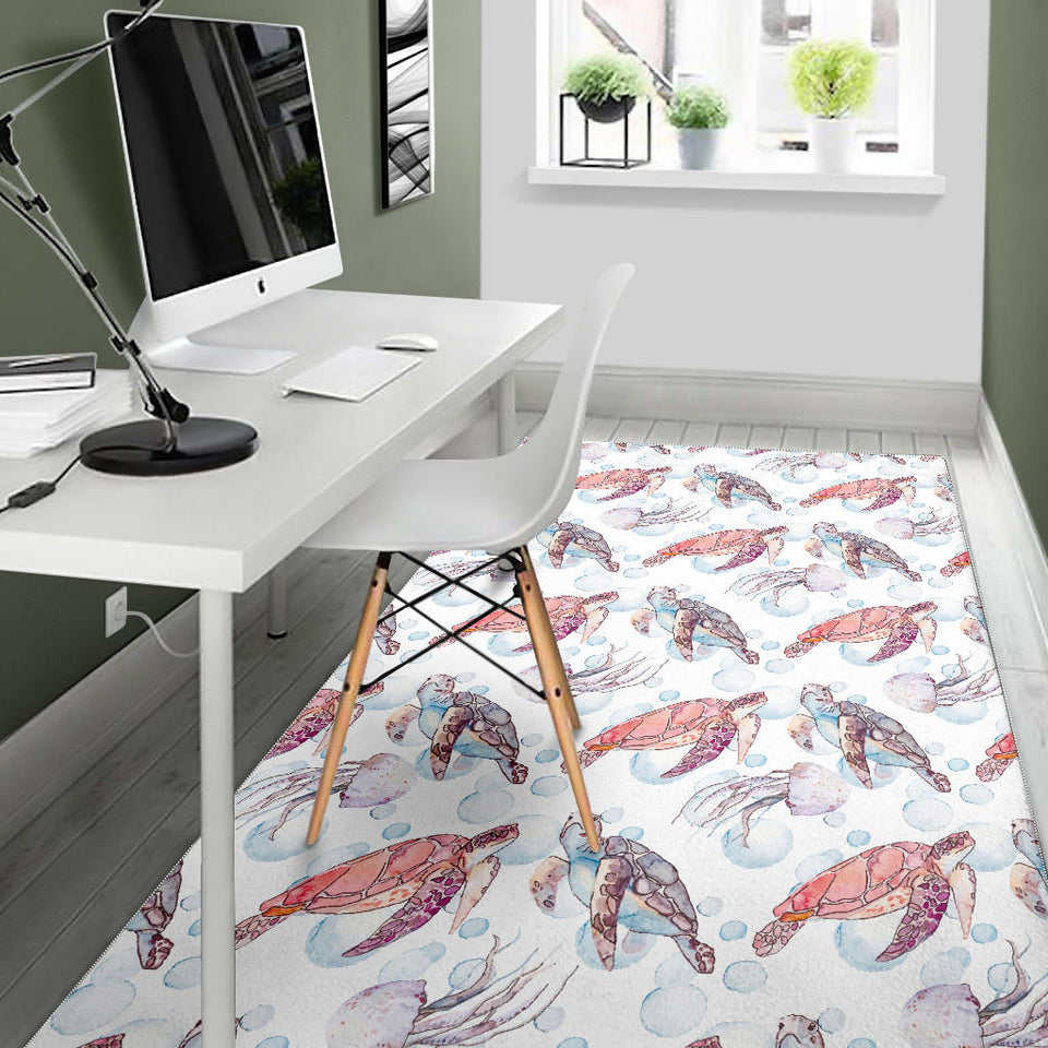 Watercolor Sea Turtle Jellyfish Pattern Area Rug