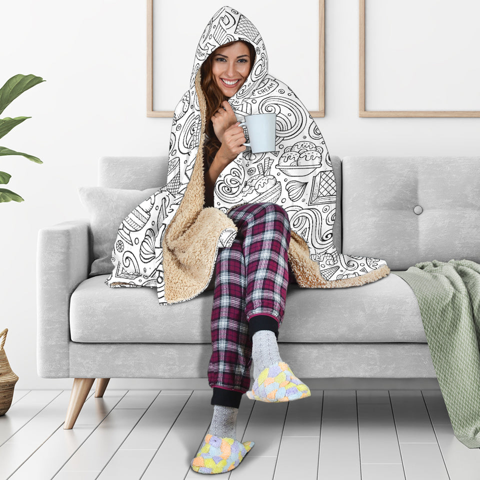Cartoon Hand Drawn Ice Cream Black White Hooded Blanket