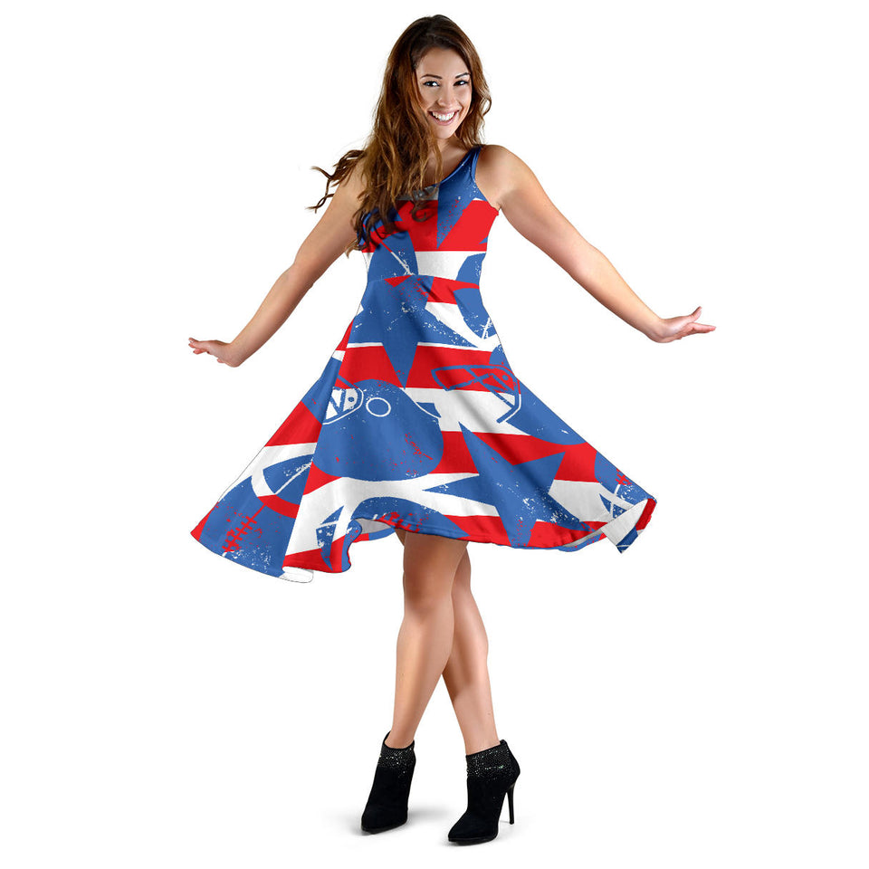 American Football Ball Star Stripes Pattern Sleeveless Midi Dress