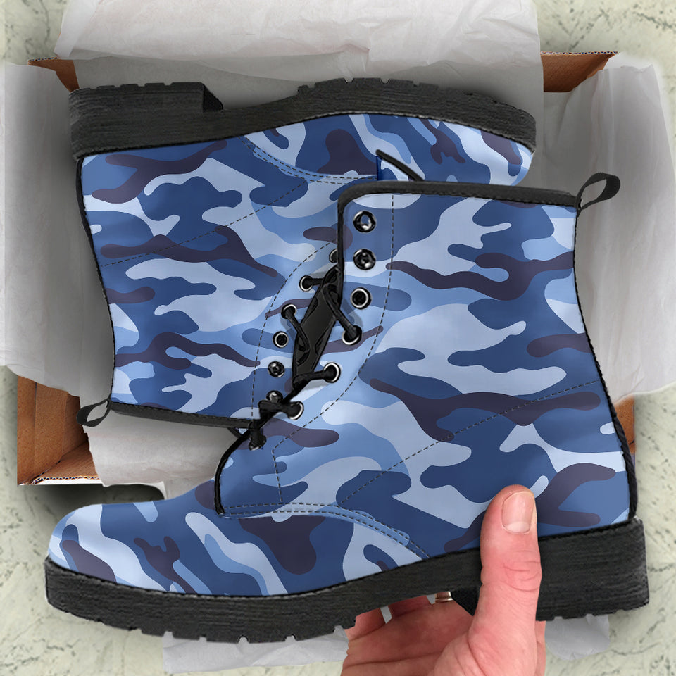 Blue Camo Camouflage Pattern Leather Boots