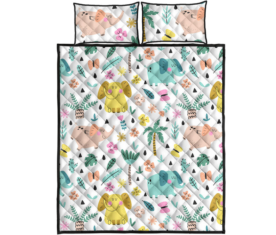 Cute elephants palm tree flower butterfly pattern Quilt Bed Set