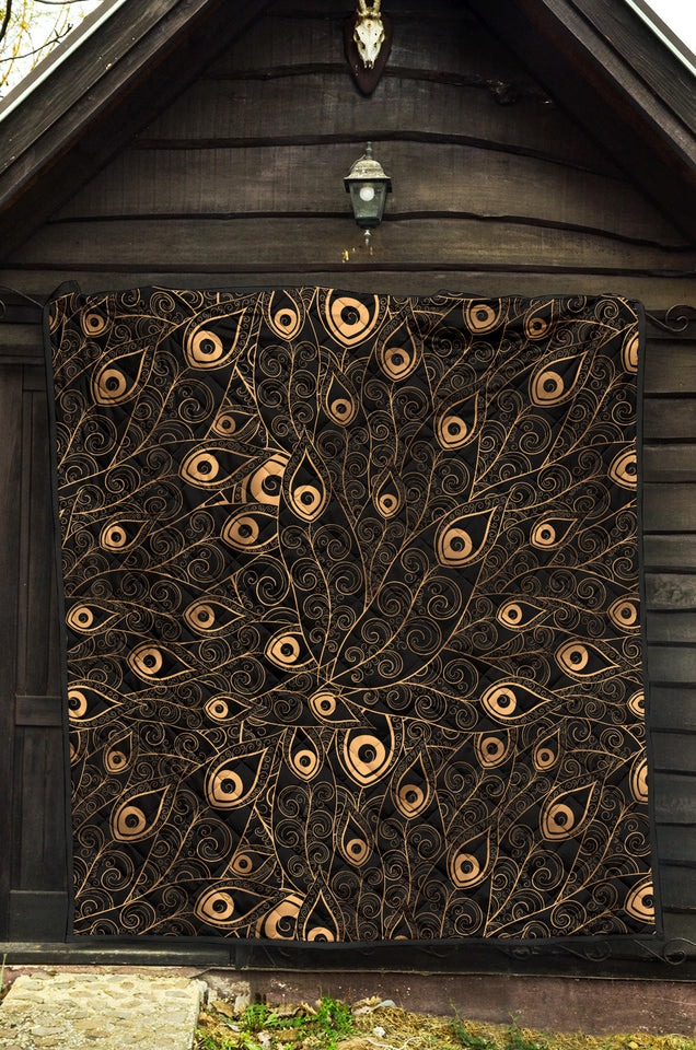 Gold Peacock Feather Pattern Premium Quilt