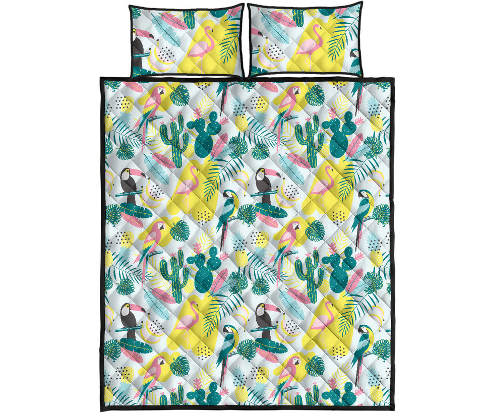 Cute parrot toucan flamingo cactus exotic leaves pattern Quilt Bed Set