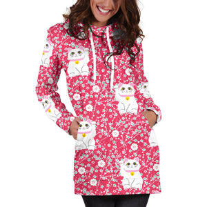Maneki Neko Lucky Cat Sakura Pink Background Women'S Hoodie Dress