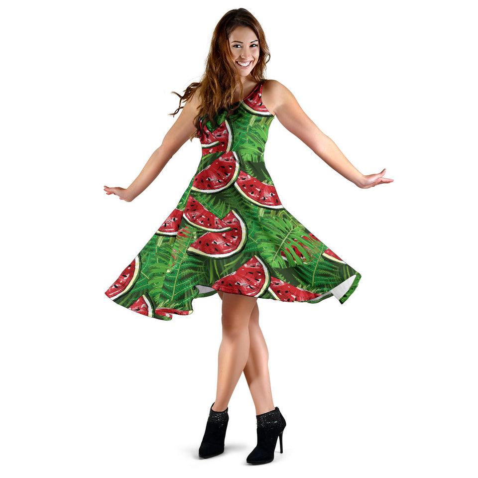 Watermelons Tropical Palm Leaves Pattern Background Sleeveless Midi Dress