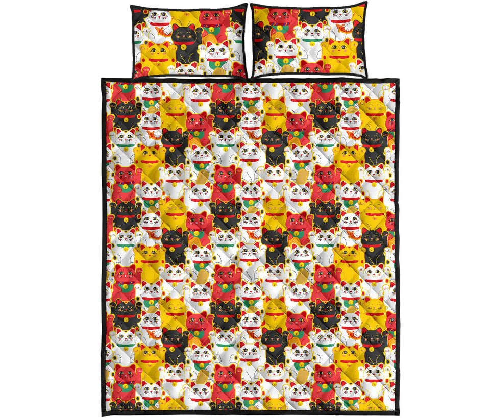 Colorful Maneki Neko Lucky Cat pattern Quilt Bed Set