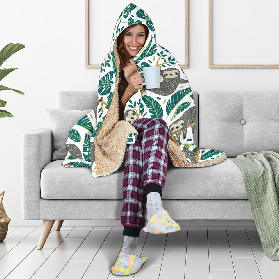 Cute Sloths Tropical Palm Leaves White Background Hooded Blanket