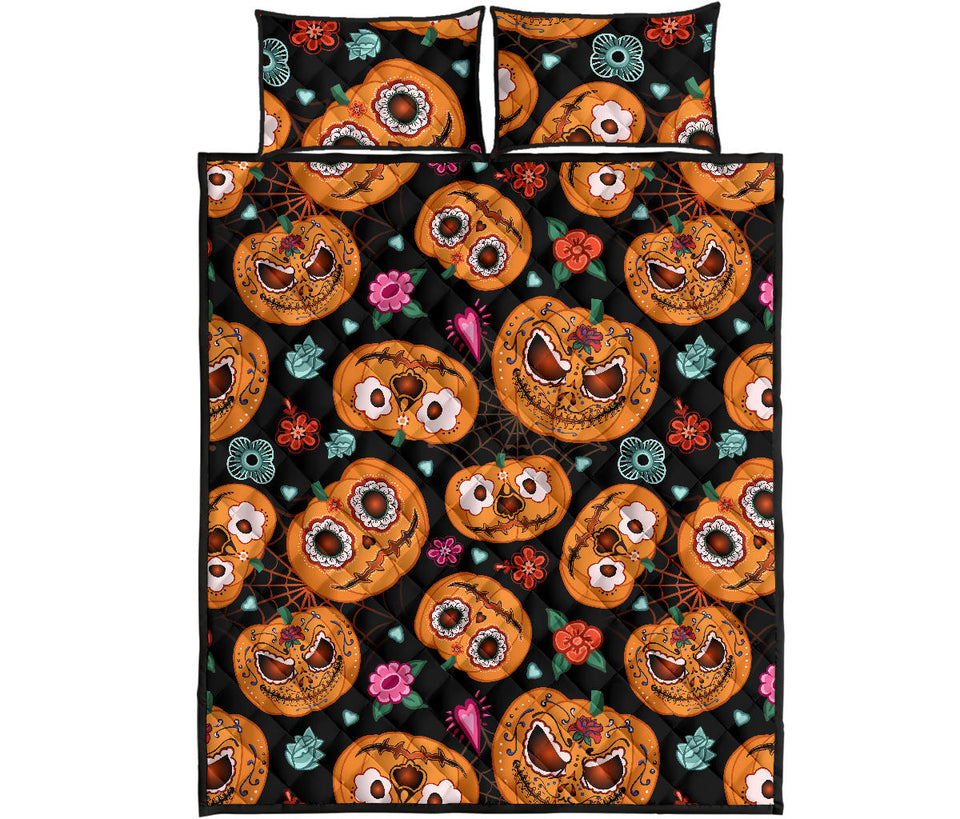 Pumpkin flowers spiderweb Halloween theme Quilt Bed Set
